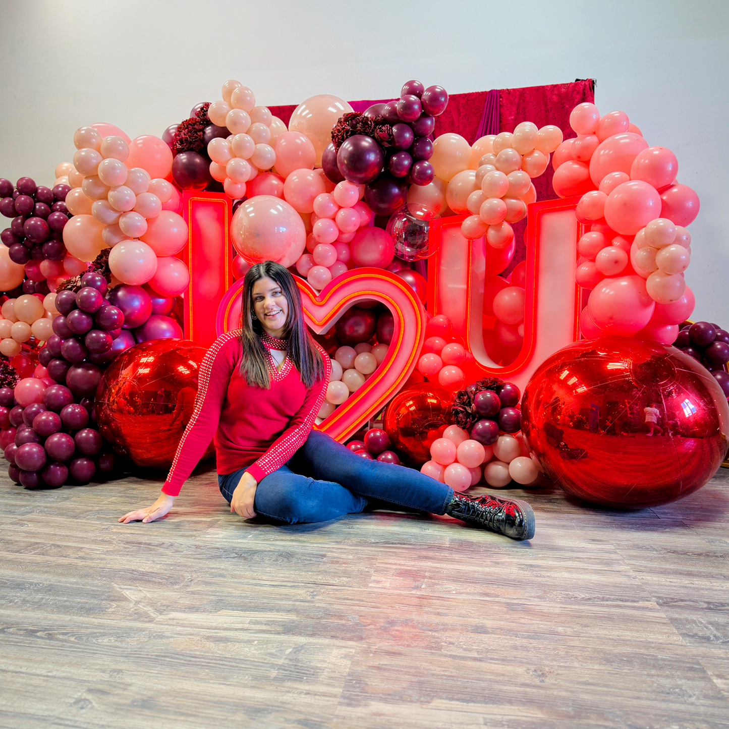 Romantic proposal balloon decor in Toronto with glowing LED letters, heart detail, and luxury balloon styling