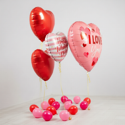Romantic Valentines balloons Toronto set with helium heart balloons and Valentine message balloon for gifting and décor