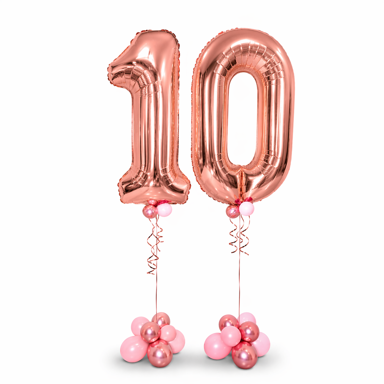 Rose gold number 10 balloon bouquet with pastel pink and chrome balloons, luxury birthday balloon delivery Toronto