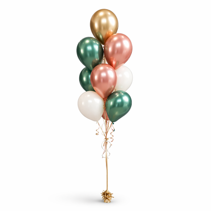 Elegant rose gold, deep green, gold and white helium balloon bouquet with metallic finish and curling ribbons, styled as a luxury balloon arrangement on a clean white background, Toronto balloon delivery.