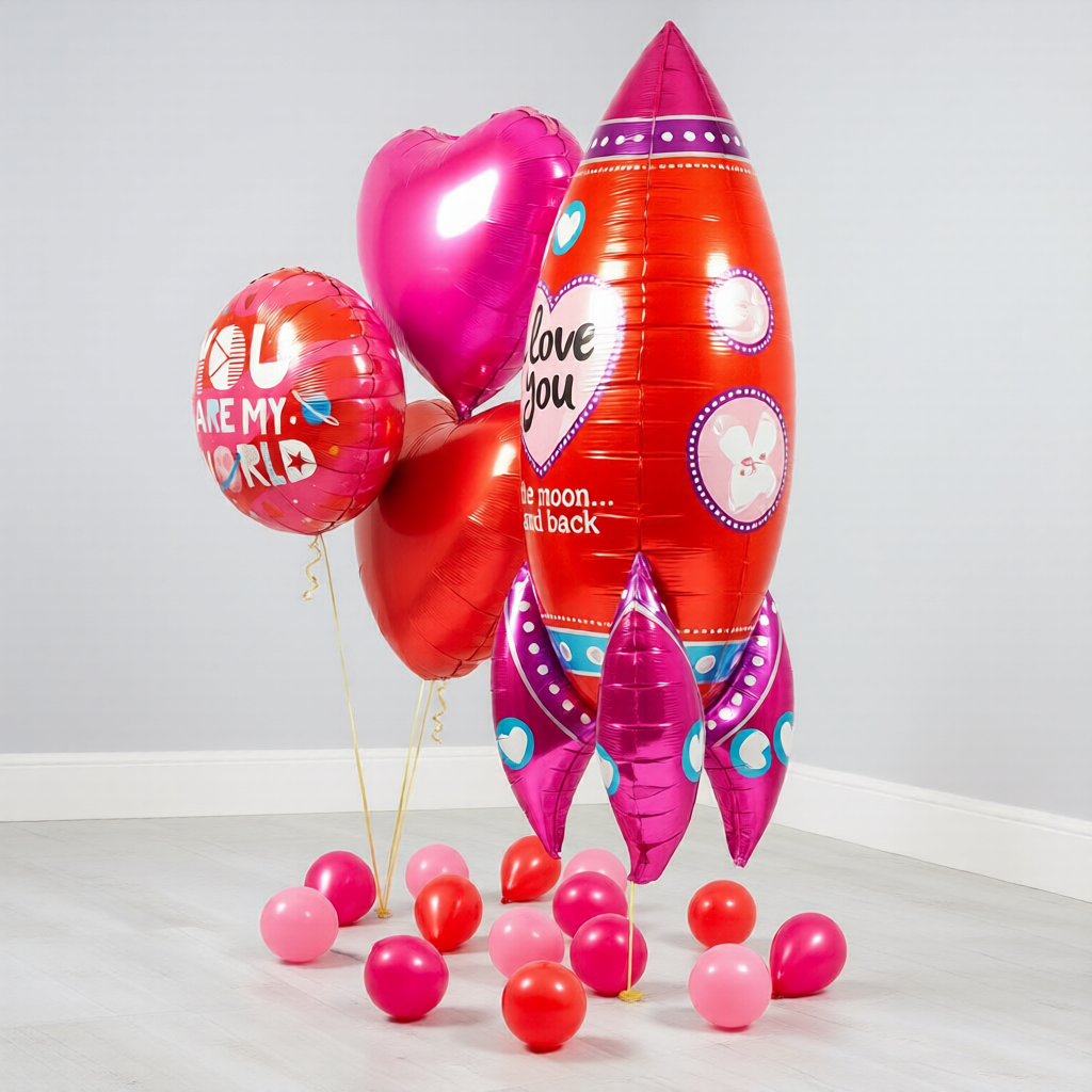 Saint Valentines Balloons bouquet in Toronto with round foil balloon and To The Moon and Back rocket balloon