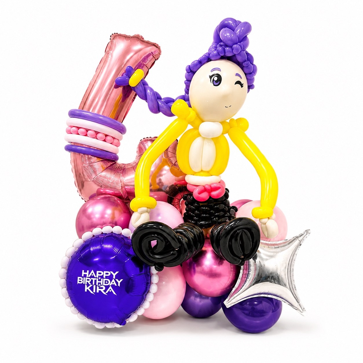 Rumi KPop Demon Hunters balloon arrangement with personalized birthday decorations in Toronto.