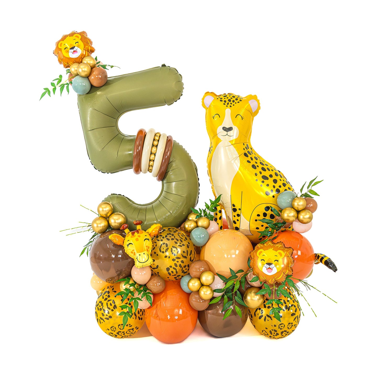Safari Birthday Balloons Toronto with number five, cheetah, lions, giraffe and tropical greenery by Wooow Balloons