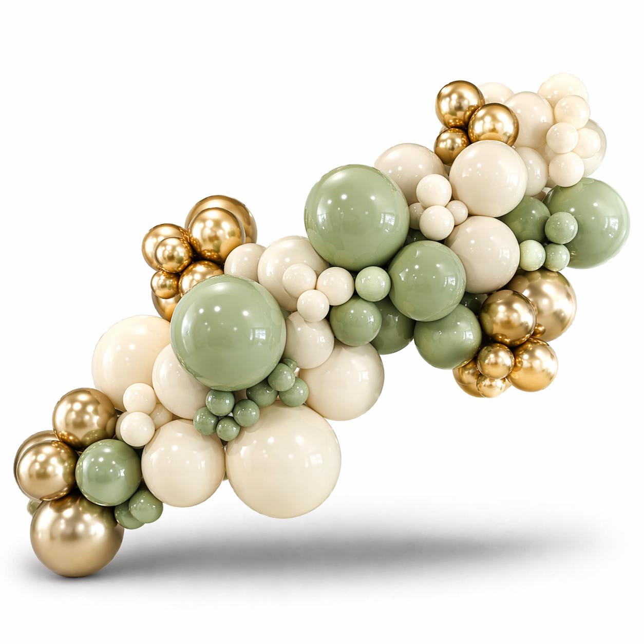 8ft luxury balloon garland in sage green, cream and gold with organic balloon styling, elegant event decor in Toronto