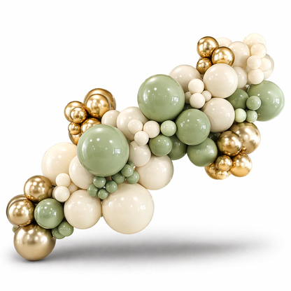 8ft luxury balloon garland in sage green, cream and gold with organic balloon styling, elegant event decor in Toronto