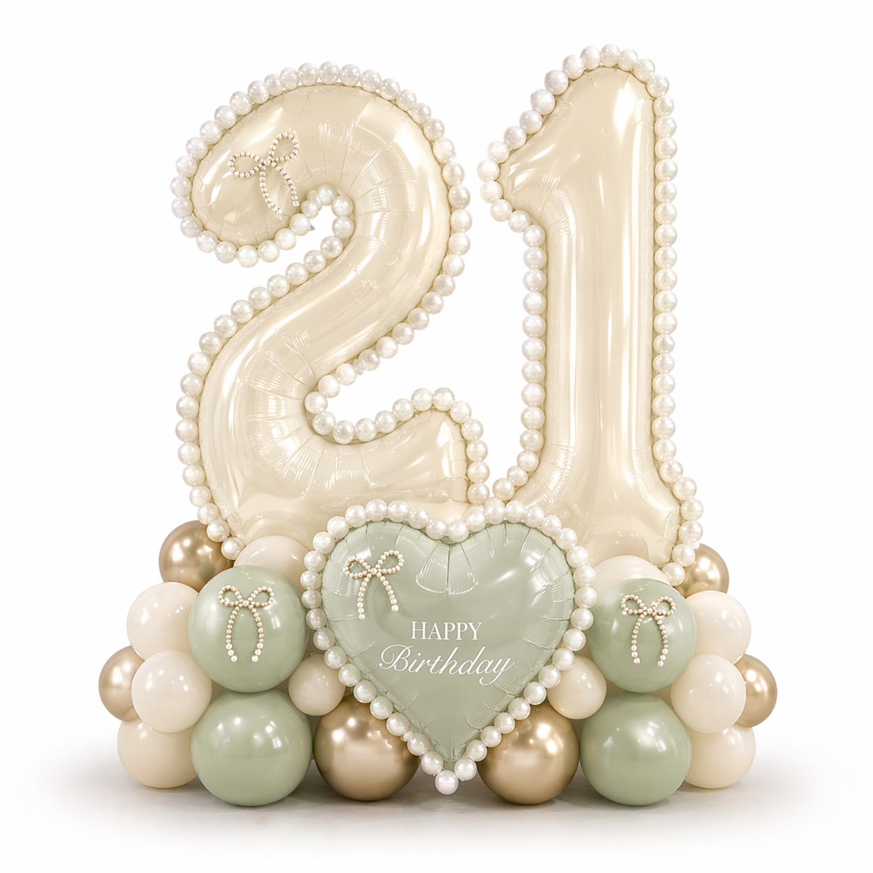 Elegant balloon number display with cream foil numbers and sage green, ivory and gold balloons, luxury birthday balloon decor setup in Toronto