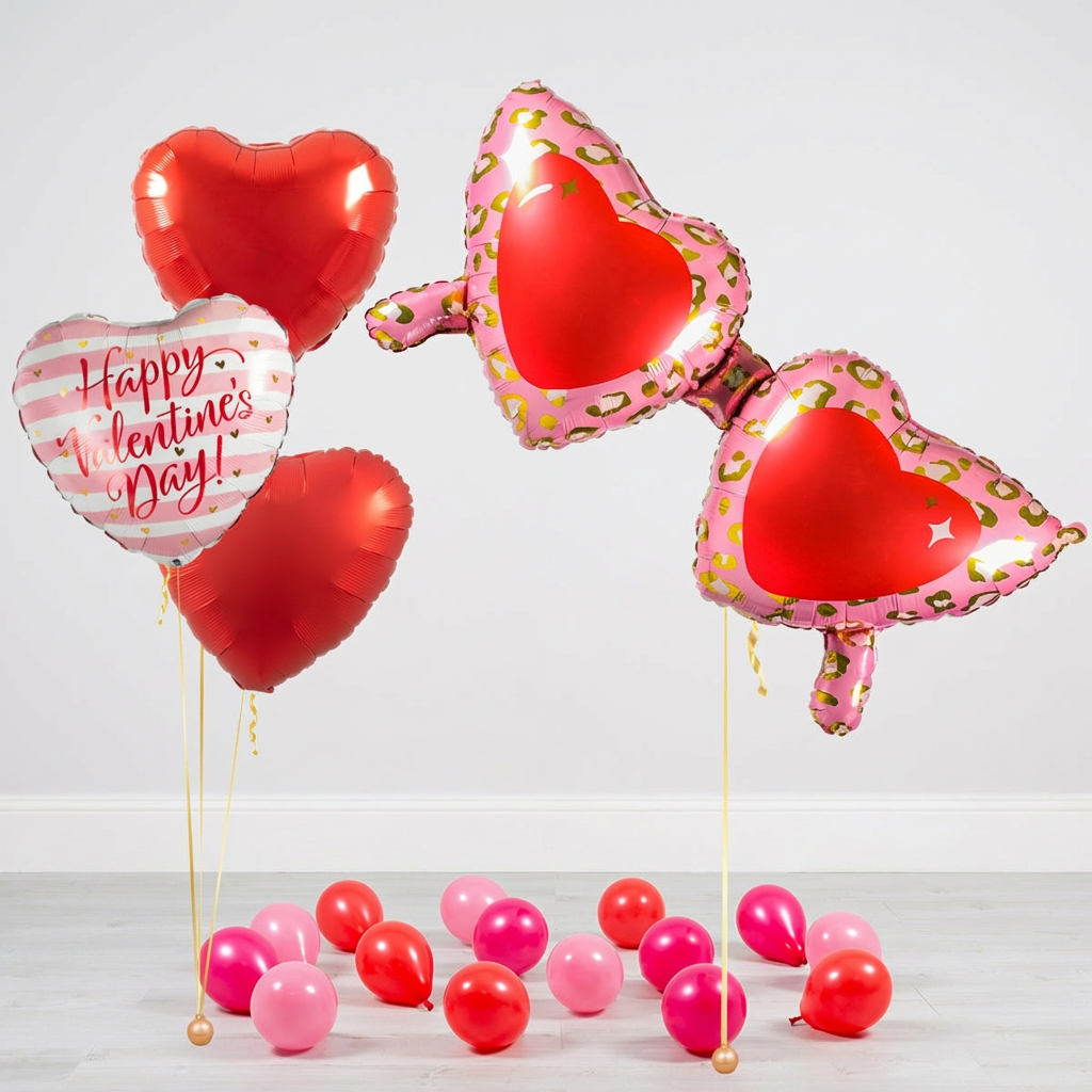 Saint Valentines balloons Toronto bouquet with glasses supershape, red heart helium balloons, and Happy Valentine’s Day balloon with weights