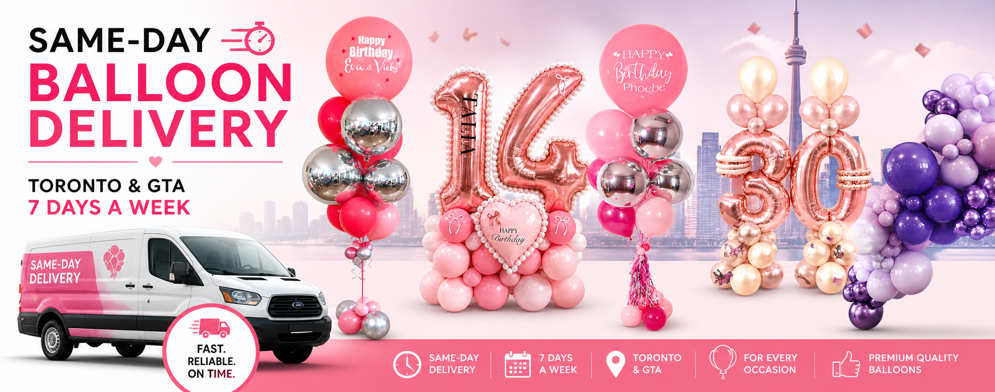 Same day balloon delivery in Toronto and GTA featuring birthday balloon bouquets, number balloons and custom arrangements with fast delivery service 7 days a week