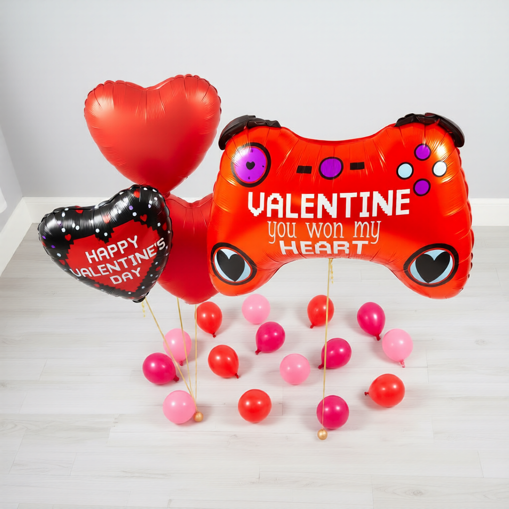 Same-day Valentine’s Day balloons Toronto set with a gamer supershape and heart balloons, ready to display for gifting