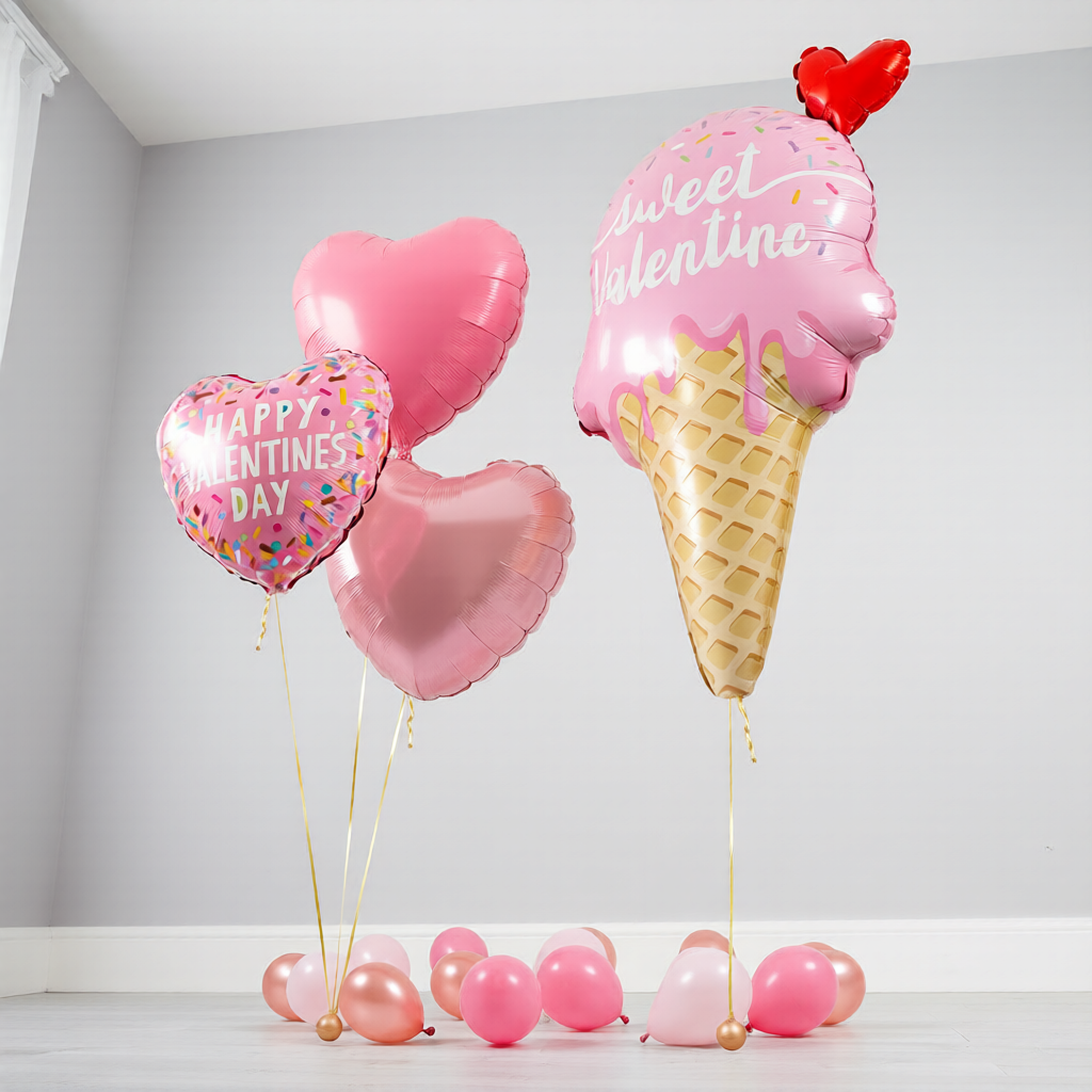 Same-day Valentine’s Day balloons Toronto set with ice cream supershape balloon and pink heart balloons, ready to display for delivery or pickup