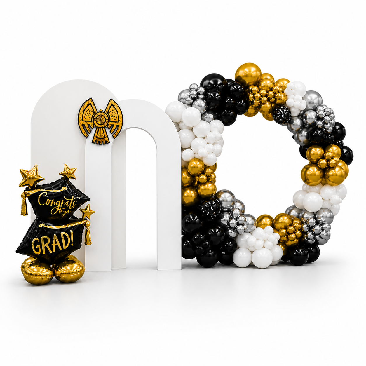 School graduation balloon backdrop with black gold and white balloon arch, elegant grad ceremony decor setup in Toronto GTA for schools, colleges and graduation events