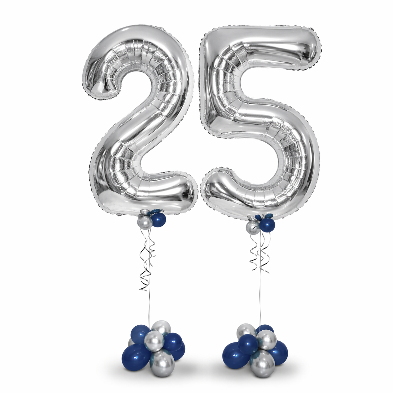 Silver 25 number balloon bouquet with navy blue and chrome balloons, luxury birthday balloon delivery Toronto