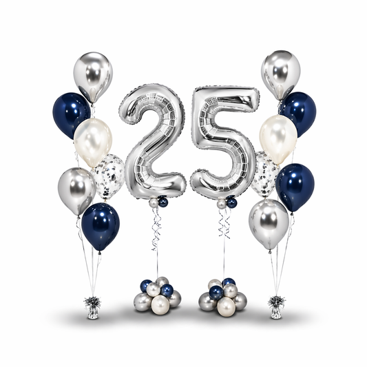 Luxury silver 25th birthday balloon arrangement with jumbo number balloons and elegant navy blue, white, and chrome helium balloons for birthday celebrations in Toronto.