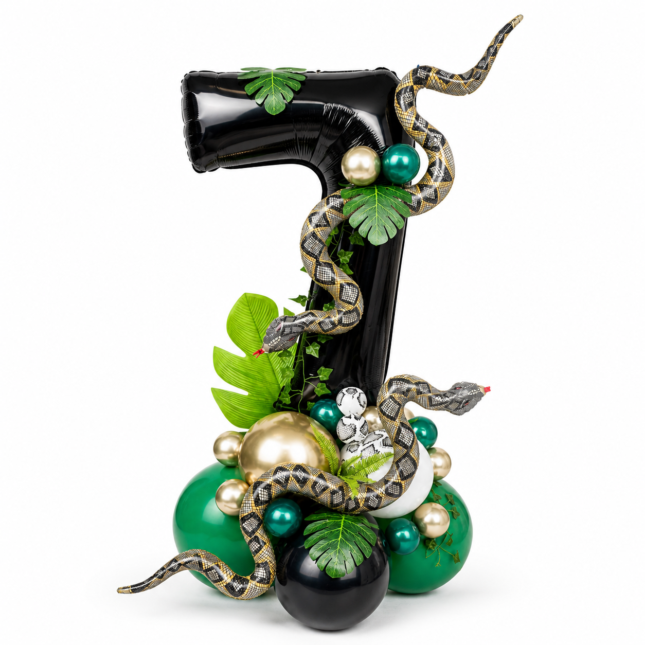 Snake balloon arrangement for birthday with jungle theme balloons and number 7, custom balloon decor for kids party in Toronto