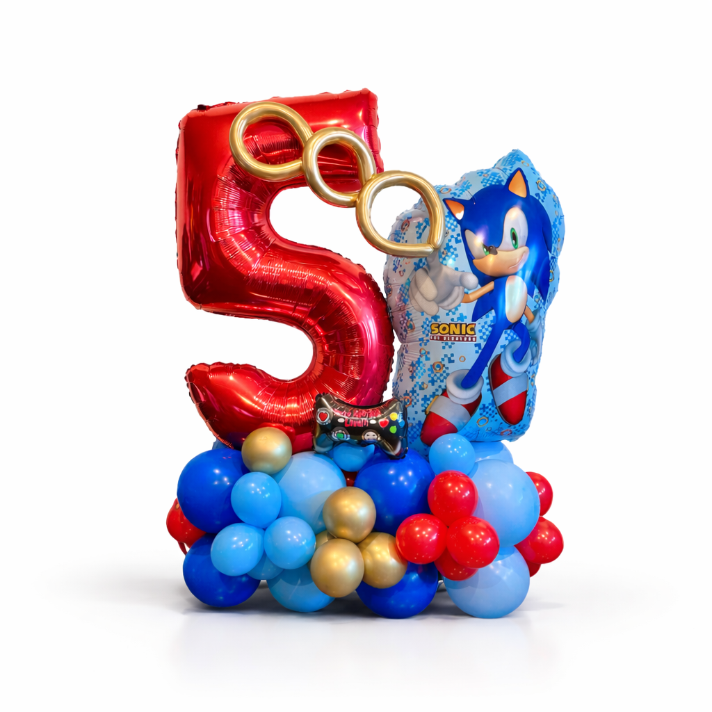 Sonic birthday balloon bouquet number 5 with blue red and gold balloons custom kids party decor Toronto same day balloon delivery