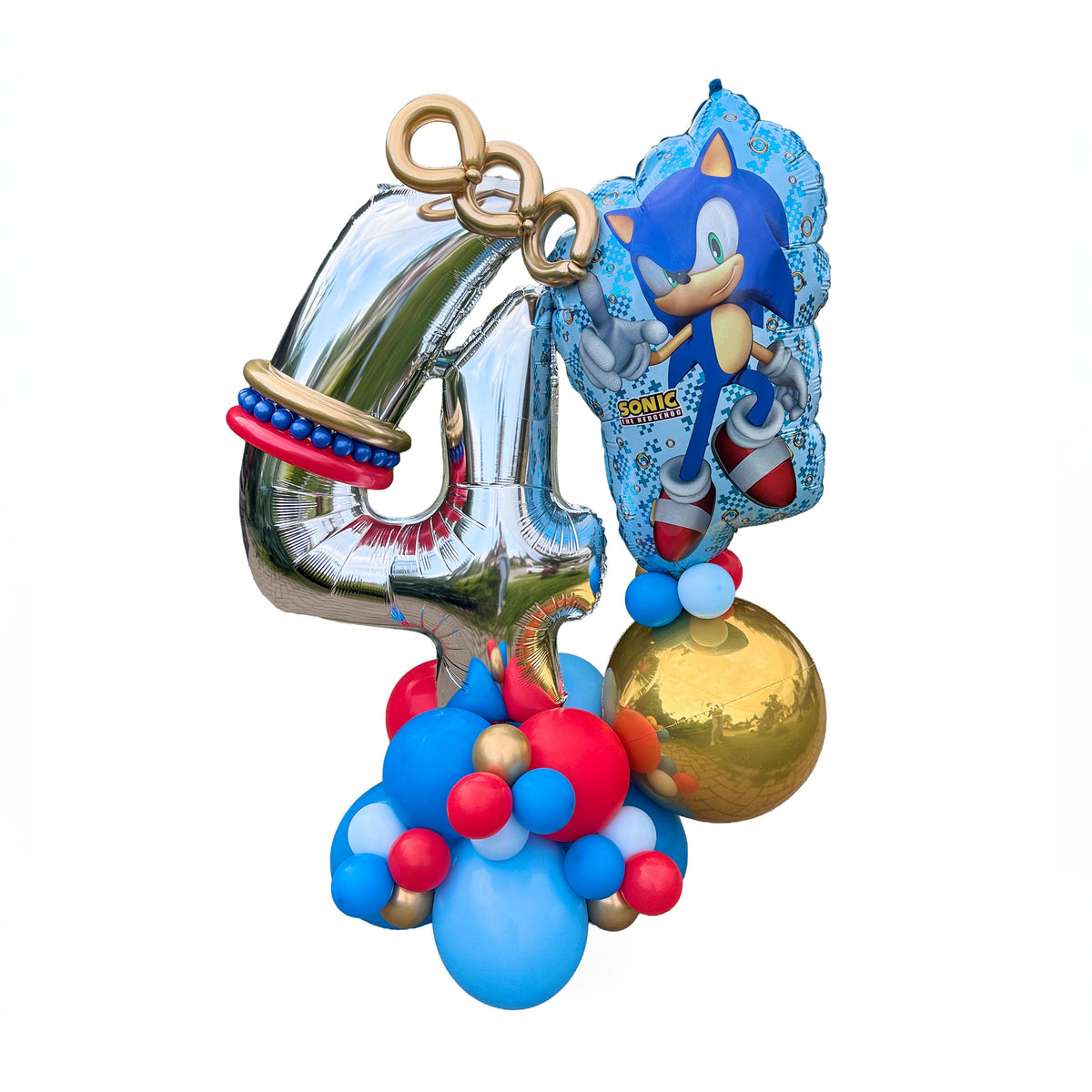 Sonic birthday balloons Toronto arrangement with a silver number 4, Sonic character balloon, gold rings, and a blue and red balloon base