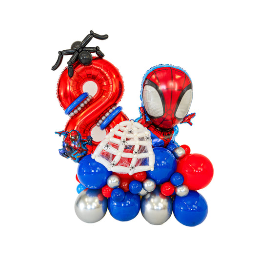 Spider-Man Birthday Balloons Toronto with red number eight, handcrafted web and superhero arrangement by Wooow Balloons