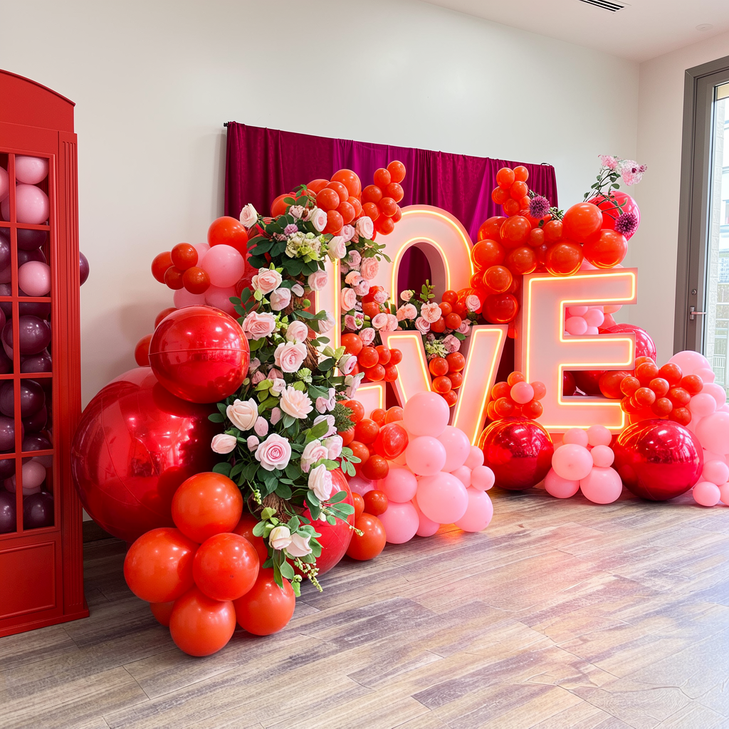St. Valentine’s Day decoration in Toronto with illuminated LOVE letters, balloon garland and romantic backdrop
