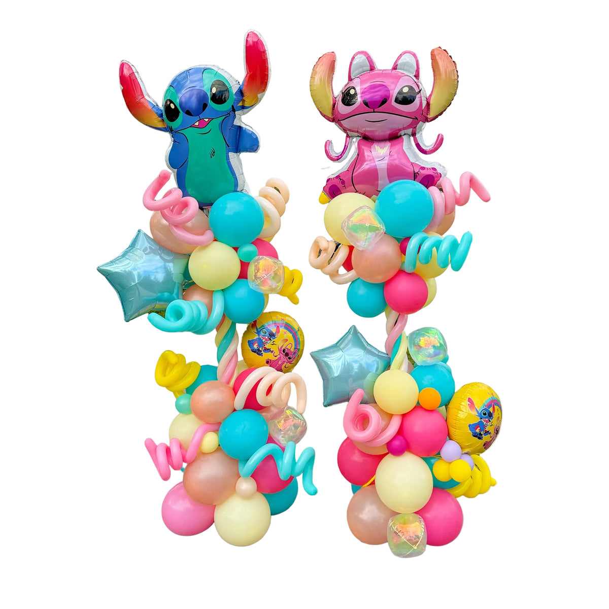Stitch and Angel birthday balloon columns with colourful balloon clusters and turquoise star accents for a Toronto party