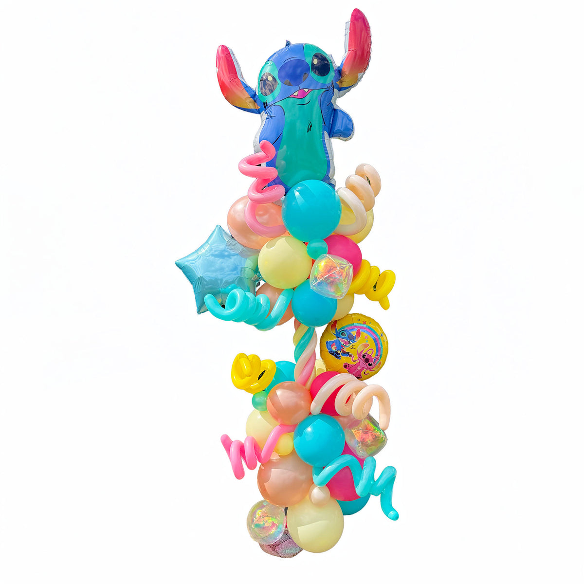 Stitch balloon column with a blue character topper, colourful balloon clusters and star accents