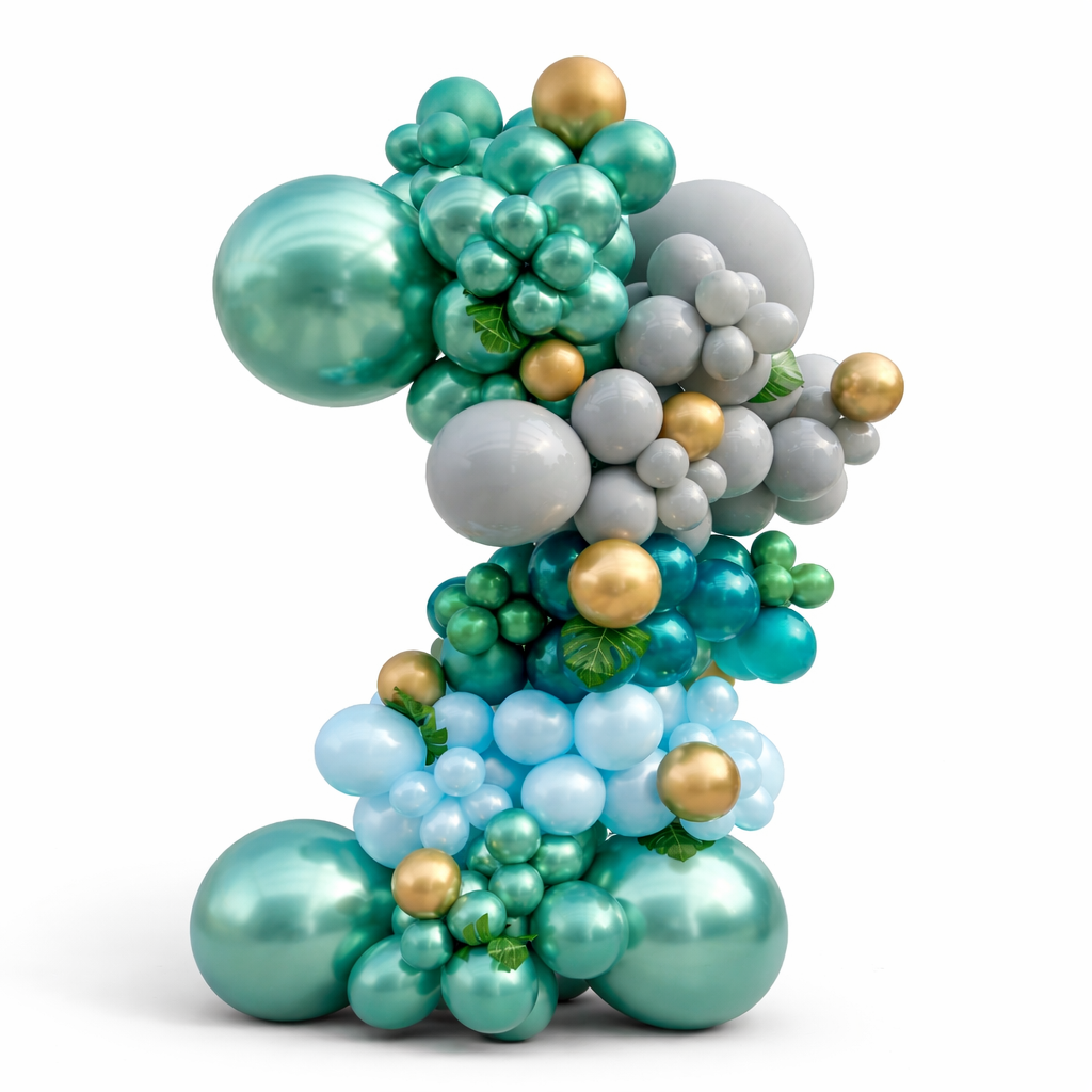 Luxury teal gold organic balloon column with baby blue and silver balloons Toronto balloon delivery event decor GTA