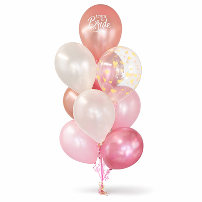 Team Bride balloon bouquet with pink, rose gold and white helium balloons and confetti balloon for bachelorette party Toronto same day delivery