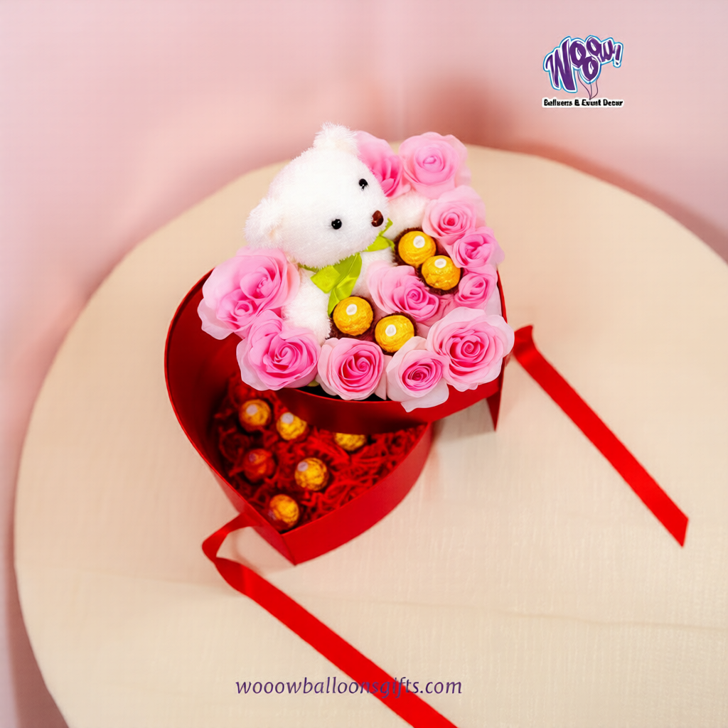 Close-up of teddy bear rose box with Ferrero Rocher chocolates and pink roses, romantic gift in Toronto