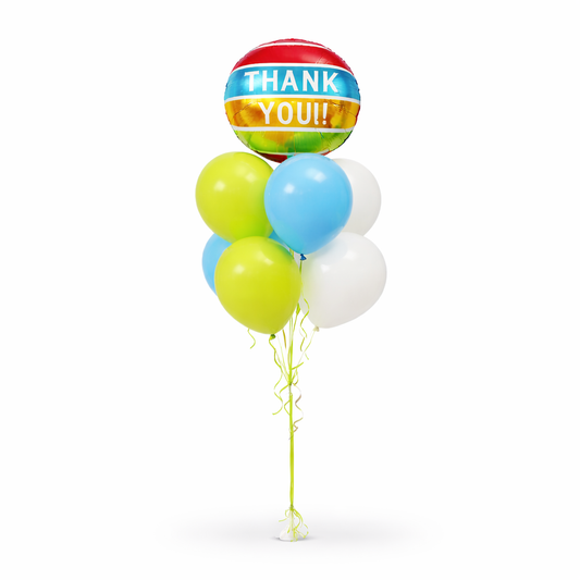 Thank you balloon bouquet with blue green and white helium balloons Toronto same day delivery appreciation gift balloon arrangement GTA