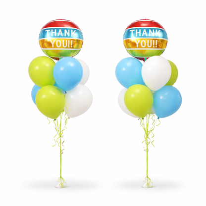 Two thank you balloon bouquets with blue green and white balloons Toronto same day delivery helium balloon arrangement for appreciation gifts GTA
