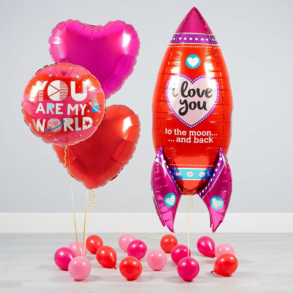 Saint Valentines Balloons bundle in Toronto with To The Moon and Back rocket supershape and heart helium balloons