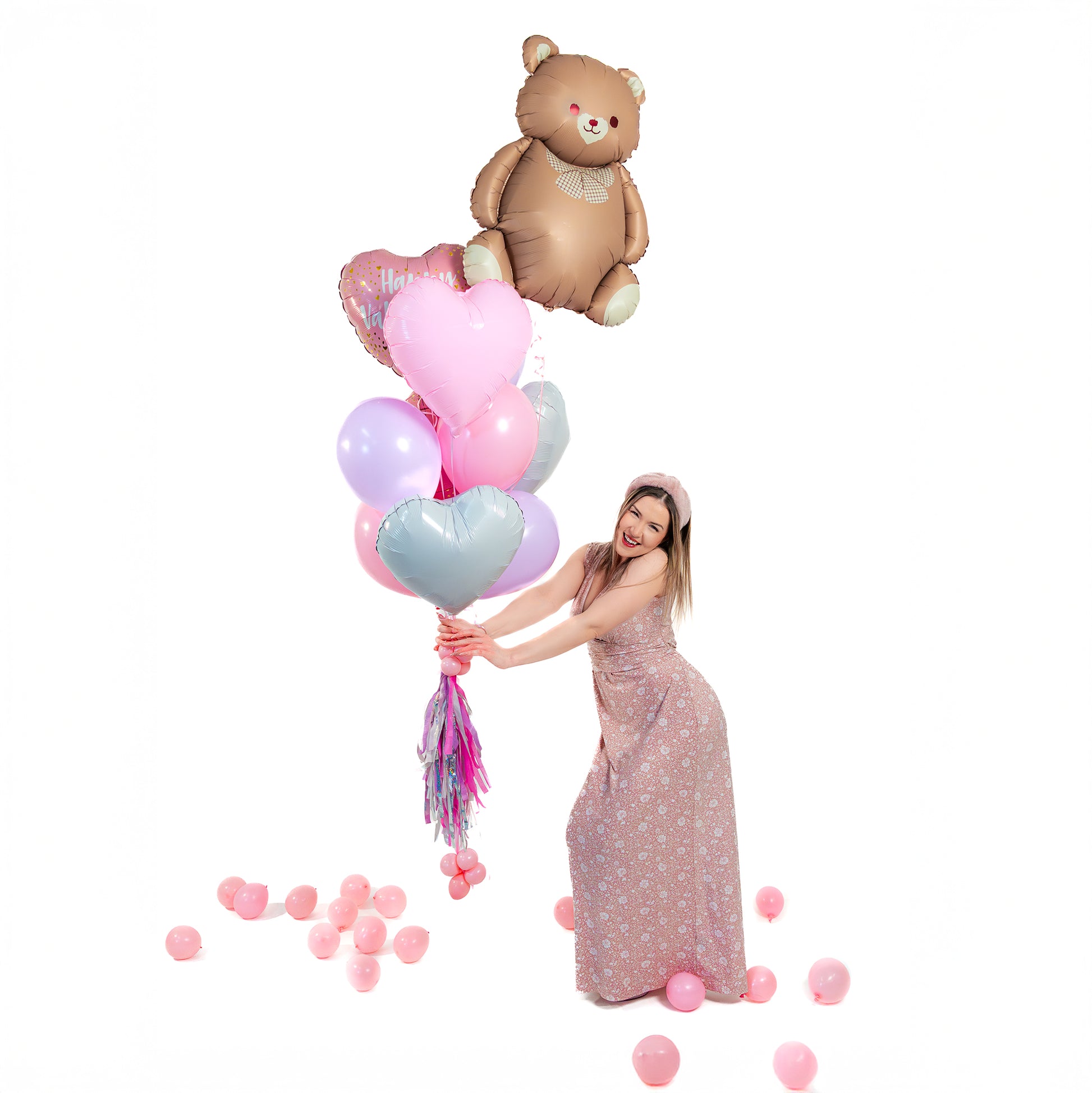Toronto Valentines balloons bouquet with teddy bear foil balloon, pastel balloons, and tassel tail.