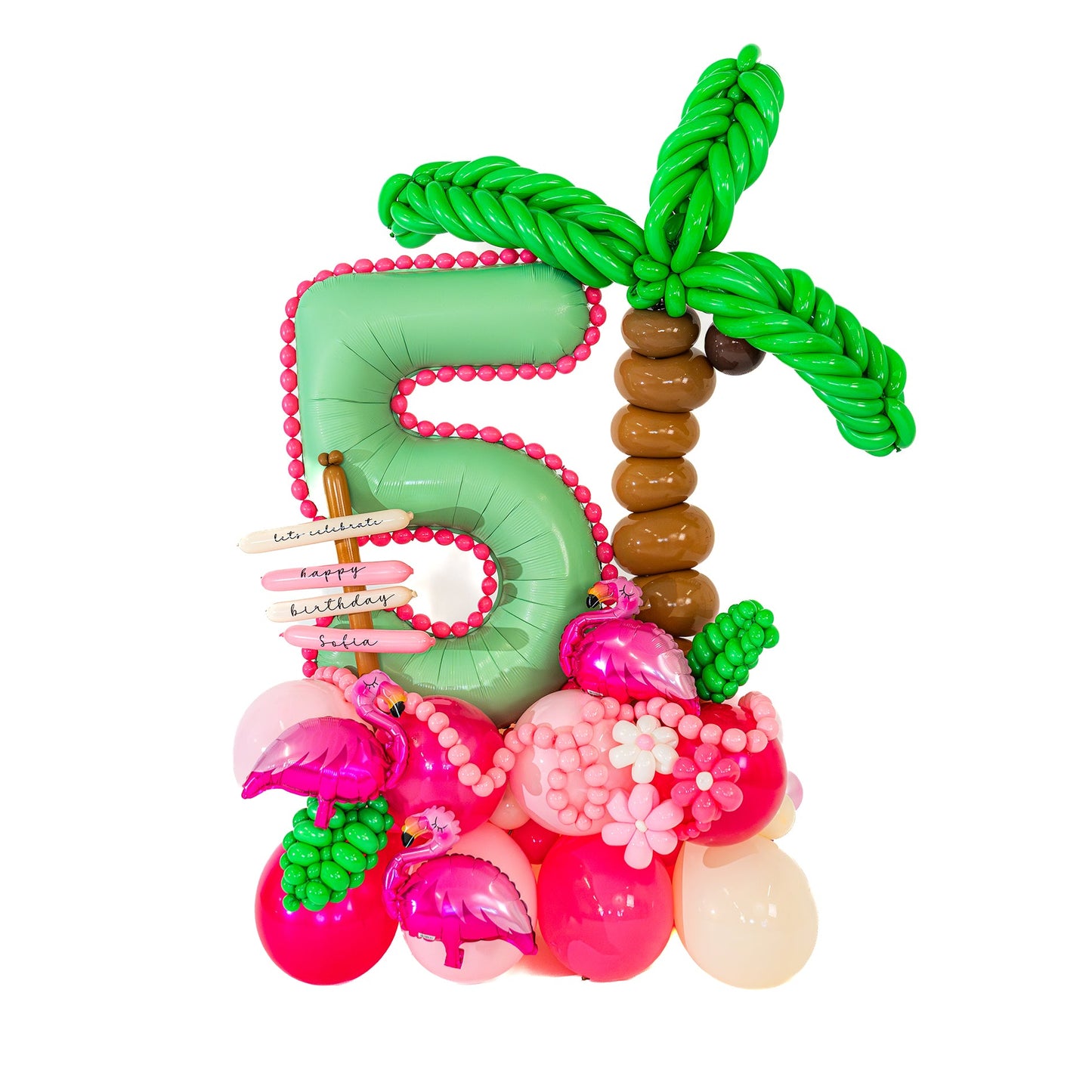 Flamingo birthday balloons Toronto tropical personalized arrangement by Wooow Balloons