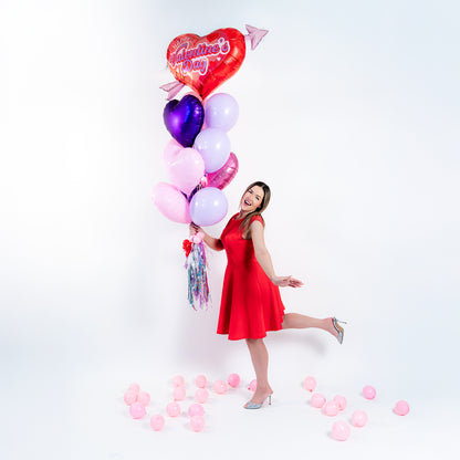 Valentine balloon bouquet Toronto featuring heart balloons and a retro Cupid heart supershape