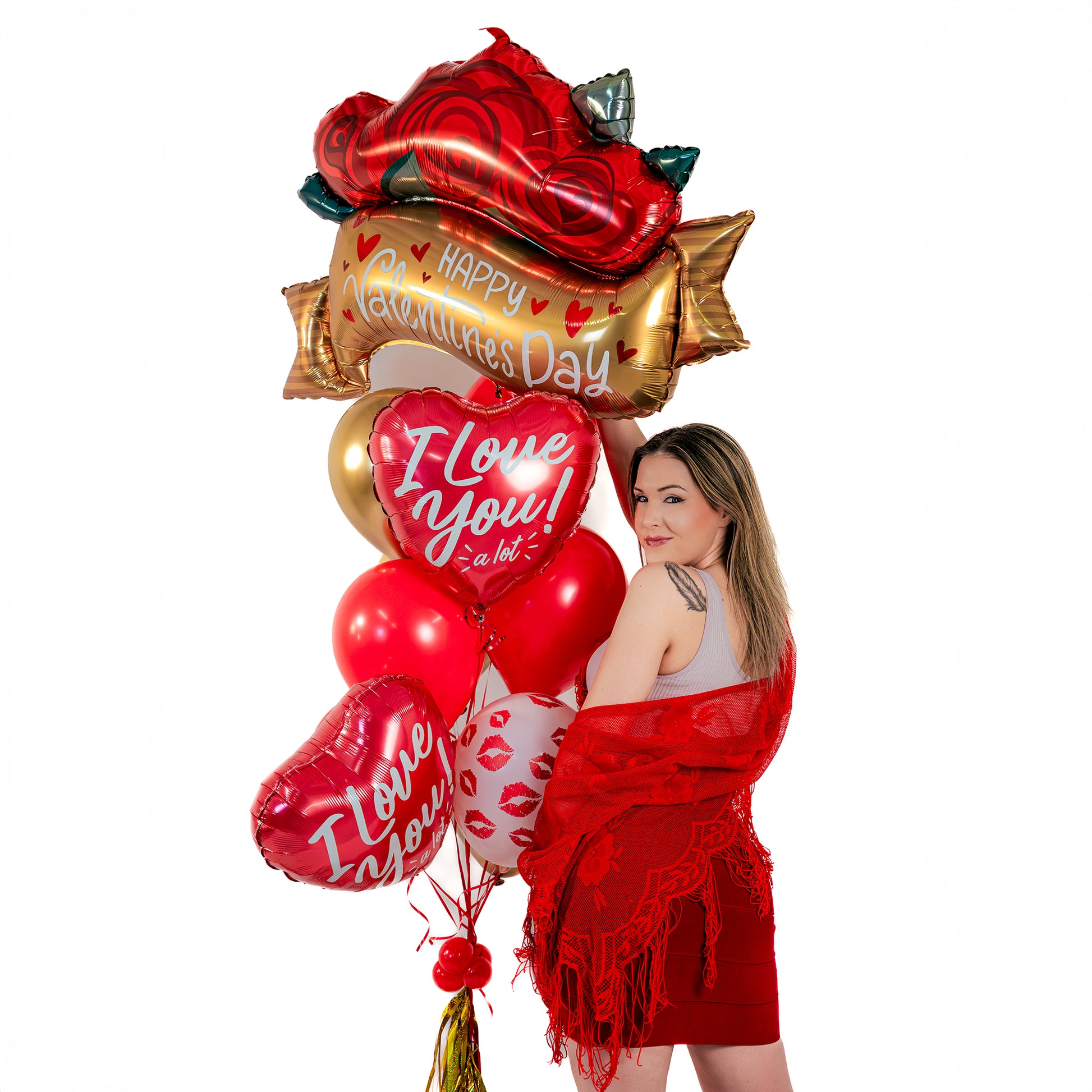 Valentine balloon bouquet Toronto featuring heart foil balloons and a rose-themed topper