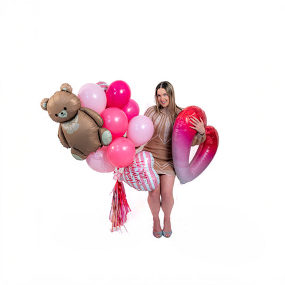 Valentine balloon delivery Toronto with romantic teddy balloon bouquet, heart supershape, and helium-filled balloons.