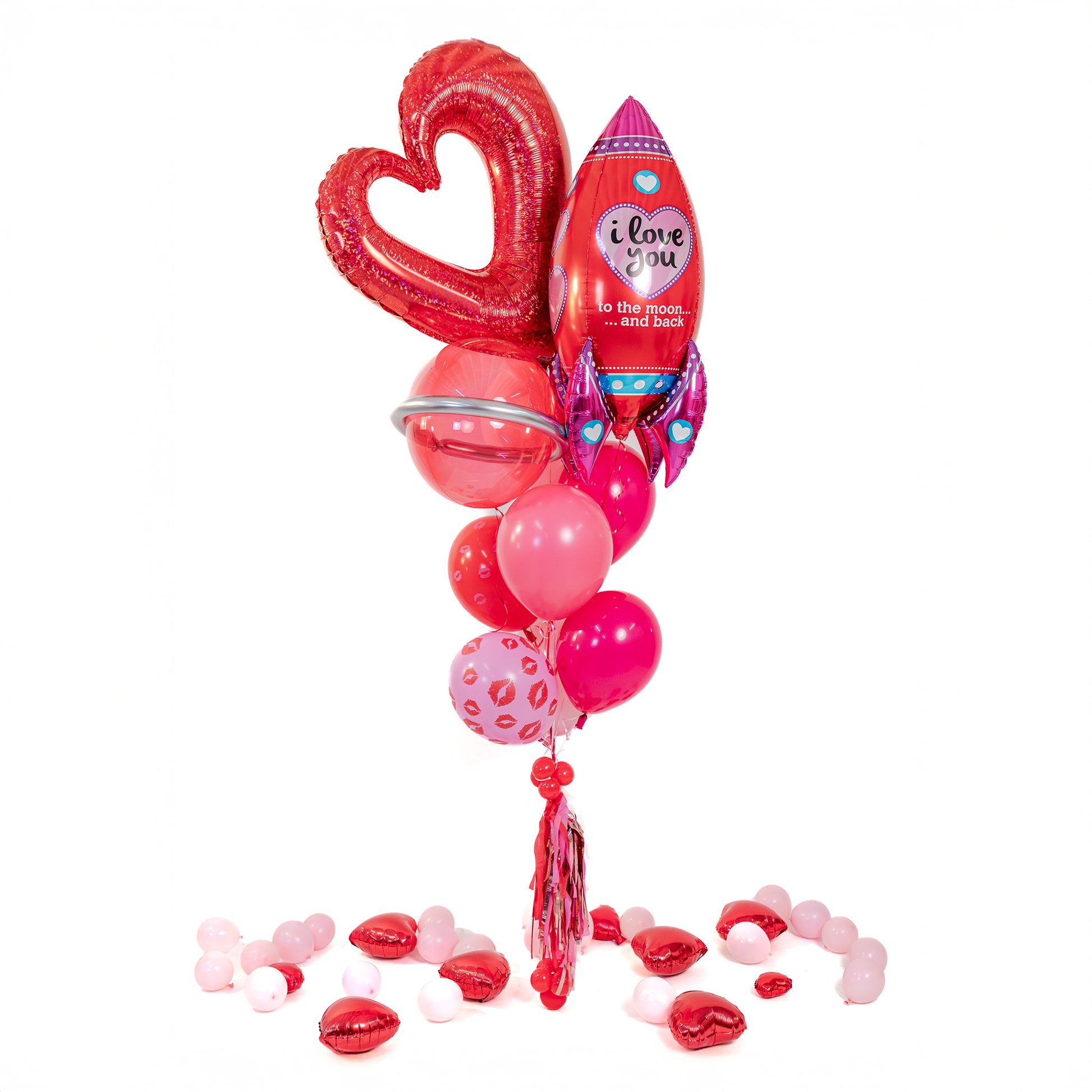 Valentine balloon delivery Toronto bouquet with red heart foil balloon, “to the moon and back” rocket balloon, mixed latex balloons and transport bag.