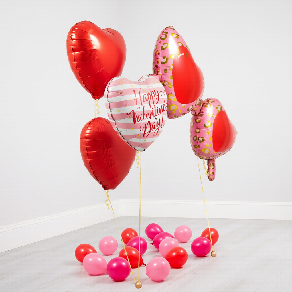 Valentine balloon bouquet in Toronto with glasses supershape and heart balloons for a romantic dinner or surprise setup