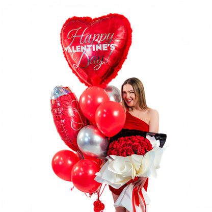 Valentine balloon bouquet styled with a fresh flower bouquet add-on option for Toronto delivery