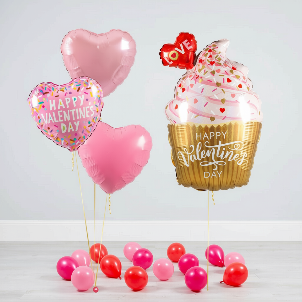 Valentines balloons Toronto cupcake balloon bundle with a cupcake supershape, pink heart helium balloons, and Happy Valentine’s Day message balloon