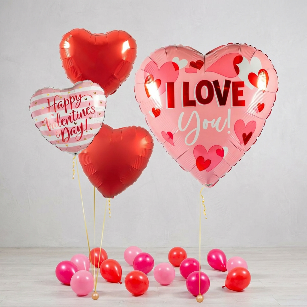 Valentines balloons Toronto bundle with I Love You heart supershape, red heart helium balloons, and Happy Valentine’s Day balloon with weights