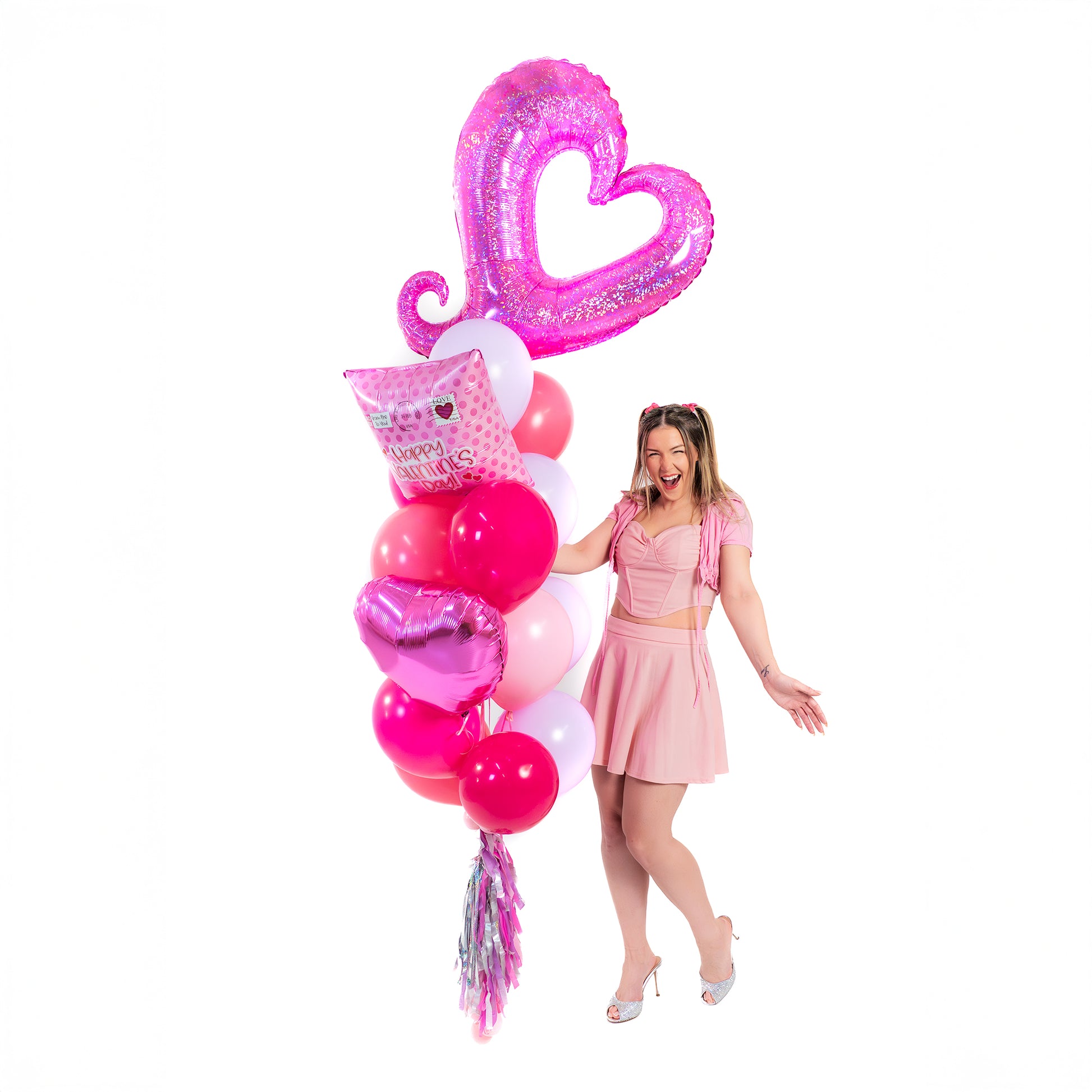 Valentines balloons bouquet in Toronto with pink heart supershape and Love Mailbox foil balloons.