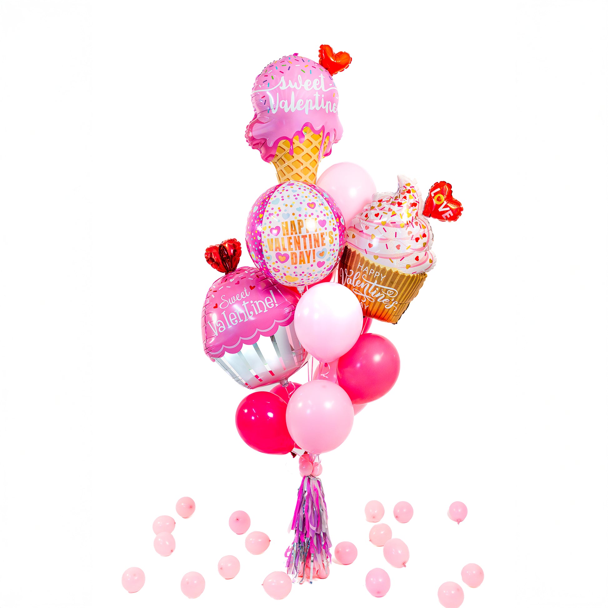 Valentines balloons in Toronto with Sweet Valentine supershape balloons and pink latex balloon cluster.