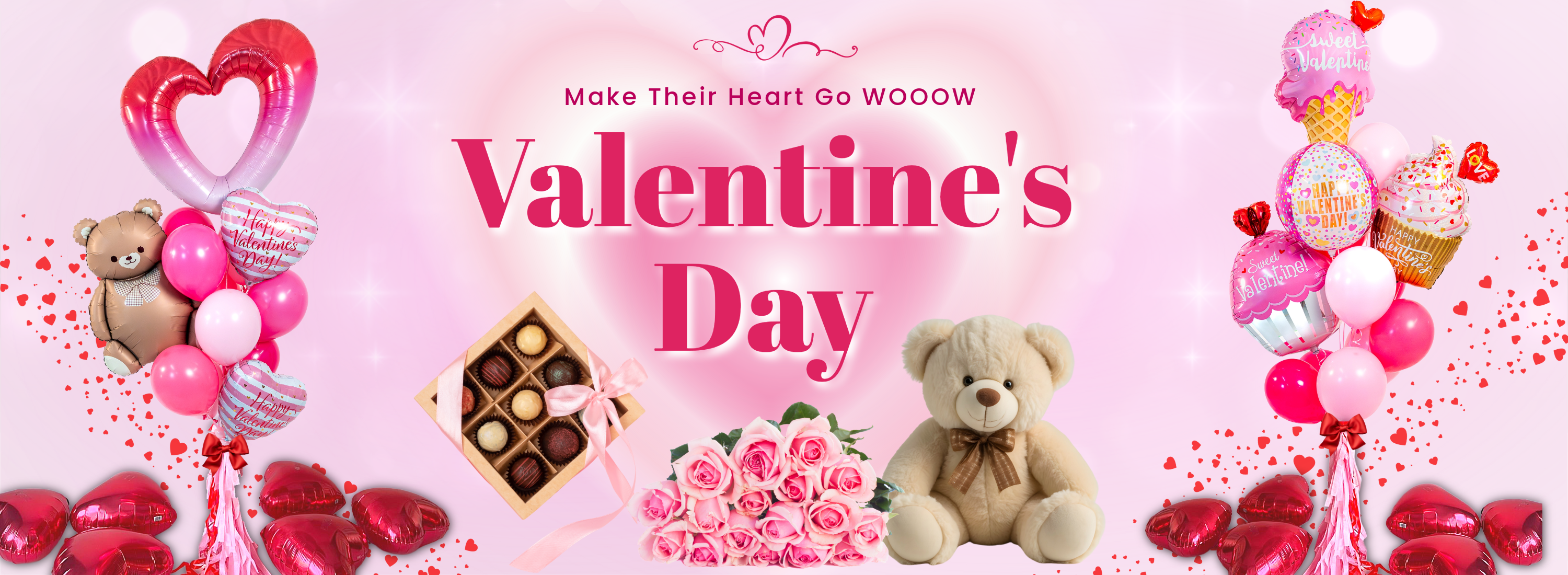 Valentine’s Day collection banner for Valentines balloons in Toronto, featuring balloon bouquets, roses, chocolates, and teddy bears.