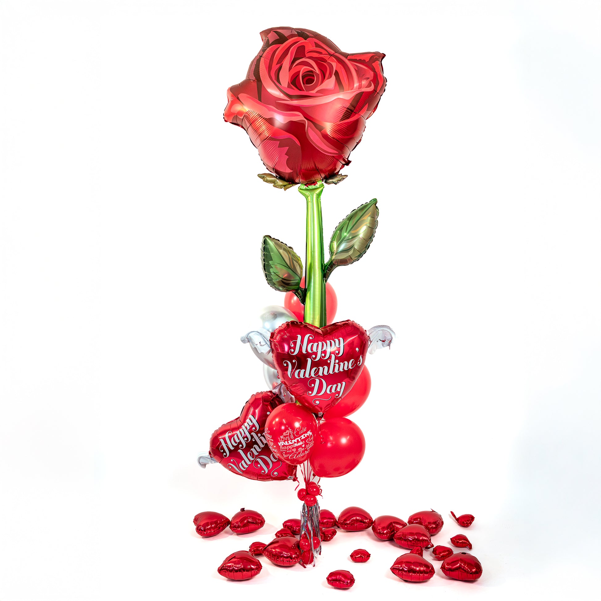 Valentine’s Day balloon gift in Toronto featuring an oversized rose balloon and premium heart balloons