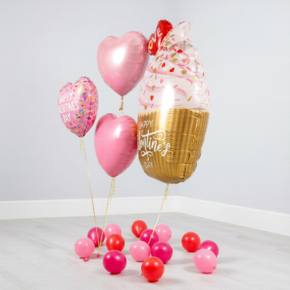 Valentine’s Day balloons Toronto arrangement featuring a cupcake supershape and pink heart balloons for romantic decor and gifting