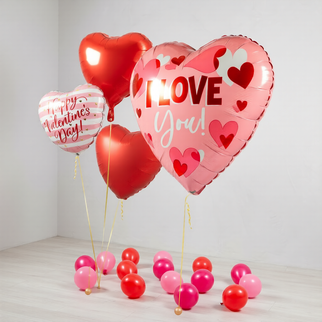 Valentine’s Day balloons in Toronto featuring an I Love You heart balloon and two red heart helium balloons for a romantic surprise