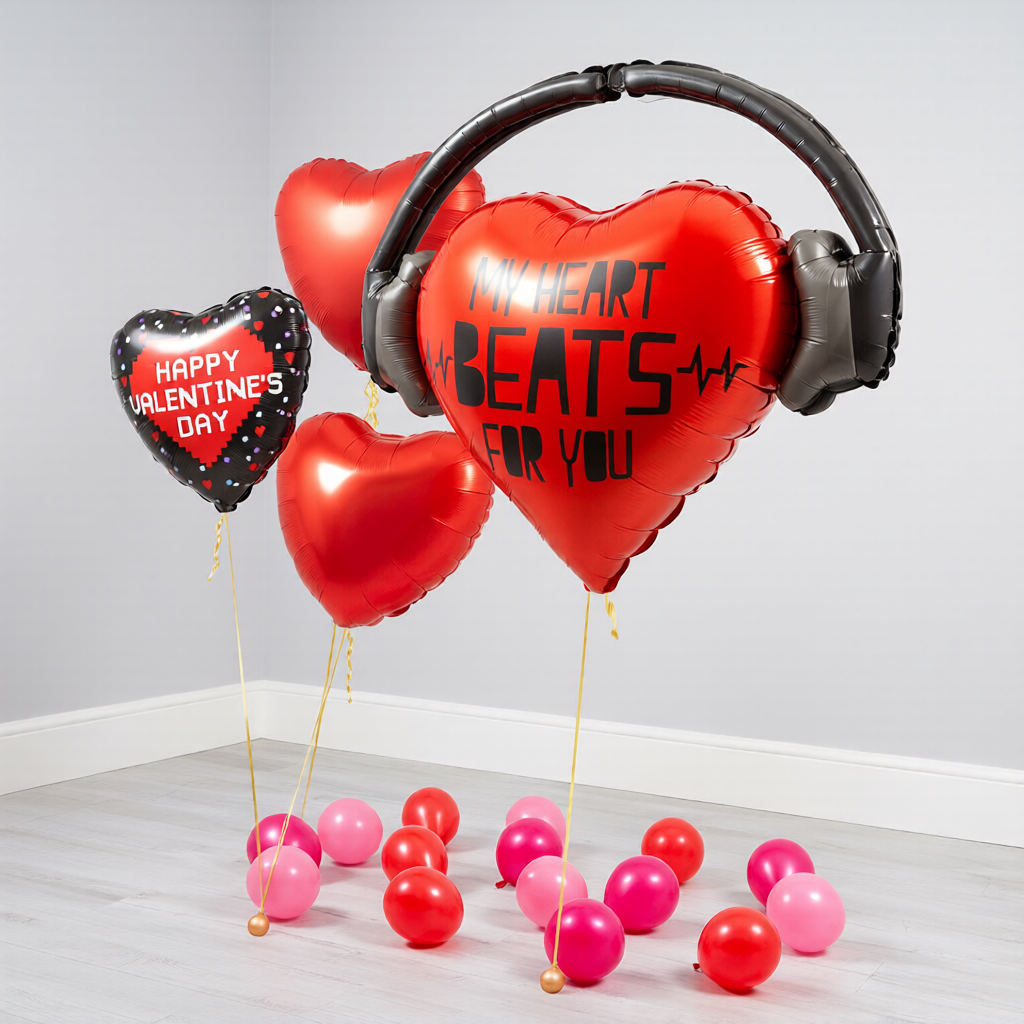 Valentine’s Day balloons in Toronto featuring My Heart Beats for You heart balloon, two red hearts, and Happy Valentine’s Day balloon