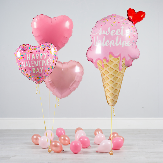 Valentine’s Day balloons Toronto ice cream balloon bundle with sweet pink ice cream supershape, pink heart helium balloons, and Happy Valentine’s Day heart balloon