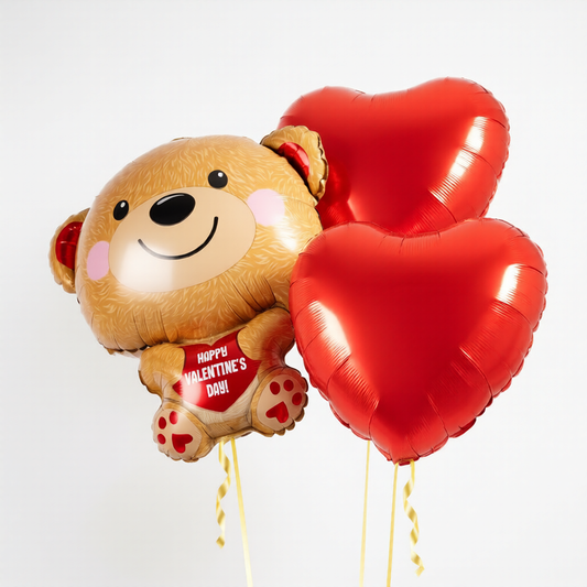 Valentine’s Day balloons Toronto featuring a teddy bear supershape and heart balloons, perfect for romantic décor and gifting
