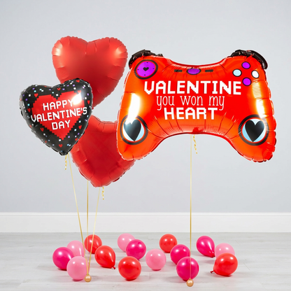 Valentine’s Day balloons Toronto bouquet with You Won My Heart gamer supershape, two red heart balloons, and a Happy Valentine’s Day heart balloon